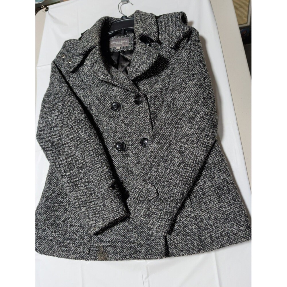 Vtg Marvin Richards Double Breasted Tweed Peacoat Black White Marled Winter...